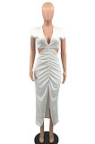 Euramerican Women Spring ClubSolid Color V Collar Dew Waist Split Ruffle Bodycon Long Dress PH13265