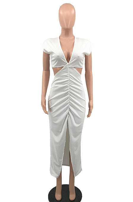 Euramerican Women Spring ClubSolid Color V Collar Dew Waist Split Ruffle Bodycon Long Dress PH13265