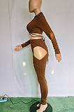 Sexy Night Club Long Sleeve Bandage Tops Bottoms Ruffle Hollow Out Skinny Pants Solid Color Sets BN9317