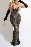 Euramerican Women Fashion Condole Belt Mesh Spaghetti Hot Drilling Skinny Long Dress No Underwear CCY9610