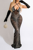 Euramerican Women Fashion Condole Belt Mesh Spaghetti Hot Drilling Skinny Long Dress No Underwear CCY9610