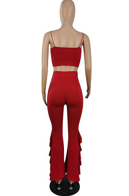 Fashion Wholesale Women Condole Belt Tank High Waist Flouned Flare Pants Plain Party Sets E8662