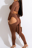 Sexy Night Club Long Sleeve Bandage Tops Bottoms Ruffle Hollow Out Skinny Pants Solid Color Sets BN9317