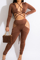 Sexy Night Club Long Sleeve Bandage Tops Bottoms Ruffle Hollow Out Skinny Pants Solid Color Sets BN9317