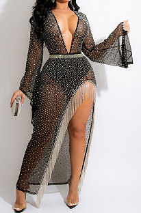 Euramerican Perspectivity V Collar Bling Bling Tassel Split Long Dress CCY9582