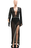 Euramerican Perspectivity V Collar Bling Bling Tassel Split Long Dress CCY9582