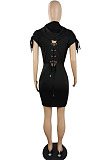 New Summer Women's Bandage Fron Zipper Bodycon Solid Color Casual Hooded Dress E8660