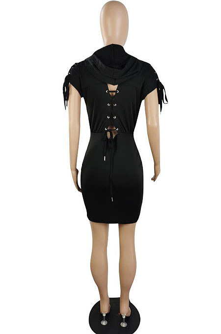 New Summer Women's Bandage Fron Zipper Bodycon Solid Color Casual Hooded Dress E8660