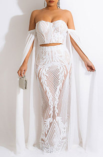 Trendy Sexy Strapless A Word Shoulder Sequins Decorative Pattern Back Split Skirts Sets CCY9573