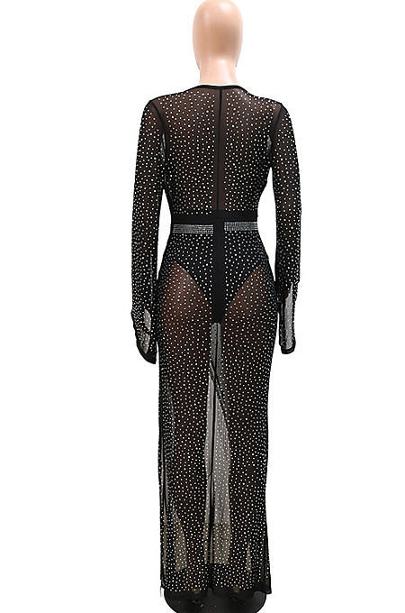 Euramerican Perspectivity V Collar Bling Bling Tassel Split Long Dress CCY9582