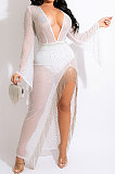 Euramerican Perspectivity V Collar Bling Bling Tassel Split Long Dress CCY9582