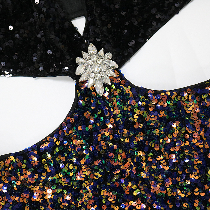 Sexy Strapless V Collar Hollow Out High Split Sequins Dew Waist Long Dress CCY9534