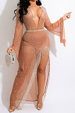 Euramerican Perspectivity V Collar Bling Bling Tassel Split Long Dress CCY9582