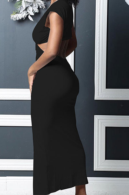 Euramerican Women Spring ClubSolid Color V Collar Dew Waist Split Ruffle Bodycon Long Dress PH13265