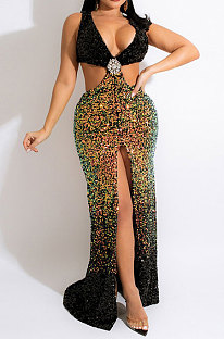Sexy Strapless V Collar Hollow Out High Split Sequins Dew Waist Long Dress CCY9534