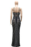 Euramerican Women Fashion Condole Belt Mesh Spaghetti Hot Drilling Skinny Long Dress No Underwear CCY9610
