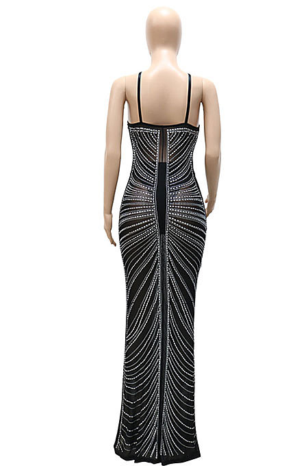 Euramerican Women Fashion Condole Belt Mesh Spaghetti Hot Drilling Skinny Long Dress No Underwear CCY9610