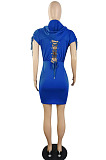 New Summer Women's Bandage Fron Zipper Bodycon Solid Color Casual Hooded Dress E8660
