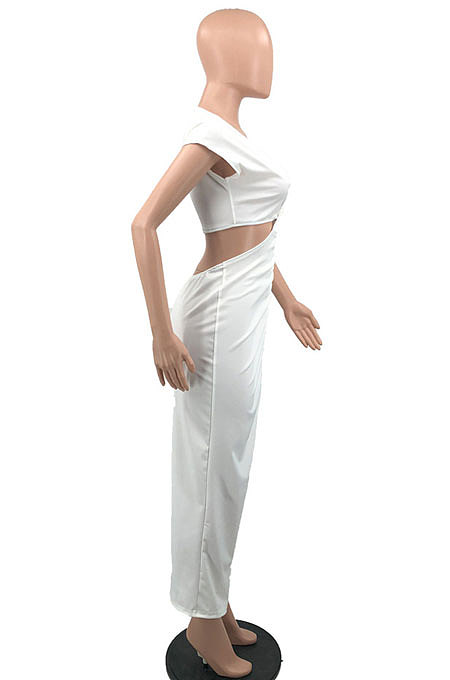 Euramerican Women Spring ClubSolid Color V Collar Dew Waist Split Ruffle Bodycon Long Dress PH13265