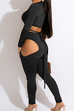 Sexy Night Club Long Sleeve Bandage Tops Bottoms Ruffle Hollow Out Skinny Pants Solid Color Sets BN9317