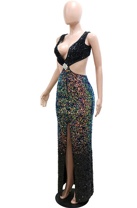 Sexy Strapless V Collar Hollow Out High Split Sequins Dew Waist Long Dress CCY9534