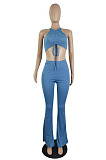 Top Sellers Women Sexy Ribber Sleeveless Drawstring Crop Tank Tops Wide Leg Pants Slim Fitting Plain Sets E8663
