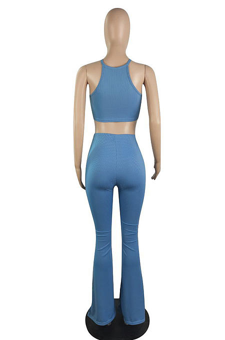 Top Sellers Women Sexy Ribber Sleeveless Drawstring Crop Tank Tops Wide Leg Pants Slim Fitting Plain Sets E8663