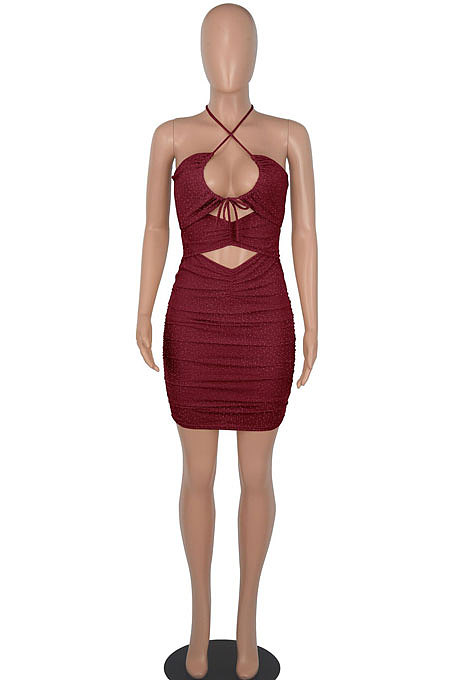 Euramerican Women Fashion Sexy Halter Neck Hollow Out Solid Color Backless Bandage Mini Dress WMZ2705