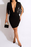 Trendy Sexy Solid Color Deep V Collar Sleeveless Tassel Hip Bodycon Mini Dress CCY9623