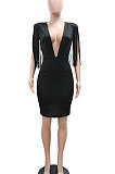Trendy Sexy Solid Color Deep V Collar Sleeveless Tassel Hip Bodycon Mini Dress CCY9623