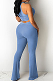 Top Sellers Women Sexy Ribber Sleeveless Drawstring Crop Tank Tops Wide Leg Pants Slim Fitting Plain Sets E8663
