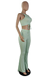Top Sellers Women Sexy Ribber Sleeveless Drawstring Crop Tank Tops Wide Leg Pants Slim Fitting Plain Sets E8663