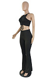 Top Sellers Women Sexy Ribber Sleeveless Drawstring Crop Tank Tops Wide Leg Pants Slim Fitting Plain Sets E8663