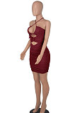 Euramerican Women Fashion Sexy Halter Neck Hollow Out Solid Color Backless Bandage Mini Dress WMZ2705