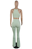 Top Sellers Women Sexy Ribber Sleeveless Drawstring Crop Tank Tops Wide Leg Pants Slim Fitting Plain Sets E8663