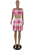 Wholesale Cute Women Plaid Printed Off Shoulder Short Sleeve Crop Tops Mini Skirts Fashion Sets E8664