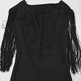 Trendy Sexy Solid Color Deep V Collar Sleeveless Tassel Hip Bodycon Mini Dress CCY9623