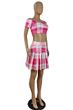 Wholesale Cute Women Plaid Printed Off Shoulder Short Sleeve Crop Tops Mini Skirts Fashion Sets E8664