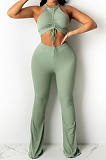 Top Sellers Women Sexy Ribber Sleeveless Drawstring Crop Tank Tops Wide Leg Pants Slim Fitting Plain Sets E8663