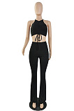 Top Sellers Women Sexy Ribber Sleeveless Drawstring Crop Tank Tops Wide Leg Pants Slim Fitting Plain Sets E8663