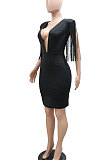 Trendy Sexy Solid Color Deep V Collar Sleeveless Tassel Hip Bodycon Mini Dress CCY9623