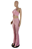 Top Sellers Women Sexy Ribber Sleeveless Drawstring Crop Tank Tops Wide Leg Pants Slim Fitting Plain Sets E8663