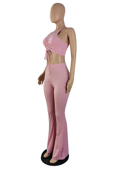 Top Sellers Women Sexy Ribber Sleeveless Drawstring Crop Tank Tops Wide Leg Pants Slim Fitting Plain Sets E8663