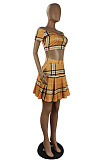 Wholesale Cute Women Plaid Printed Off Shoulder Short Sleeve Crop Tops Mini Skirts Fashion Sets E8664