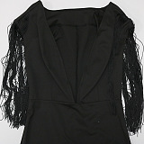 Trendy Sexy Solid Color Deep V Collar Sleeveless Tassel Hip Bodycon Mini Dress CCY9623