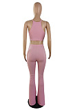 Top Sellers Women Sexy Ribber Sleeveless Drawstring Crop Tank Tops Wide Leg Pants Slim Fitting Plain Sets E8663