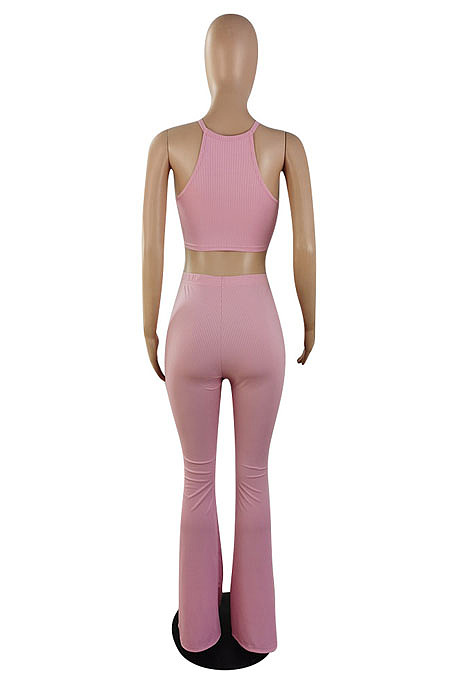 Top Sellers Women Sexy Ribber Sleeveless Drawstring Crop Tank Tops Wide Leg Pants Slim Fitting Plain Sets E8663