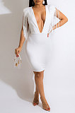 Trendy Sexy Solid Color Deep V Collar Sleeveless Tassel Hip Bodycon Mini Dress CCY9623