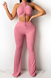 Top Sellers Women Sexy Ribber Sleeveless Drawstring Crop Tank Tops Wide Leg Pants Slim Fitting Plain Sets E8663