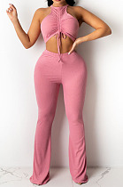 Top Sellers Women Sexy Ribber Sleeveless Drawstring Crop Tank Tops Wide Leg Pants Slim Fitting Plain Sets E8663